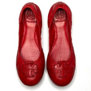 TORY BURCH Red Leather Cap Toe Ballet Flats